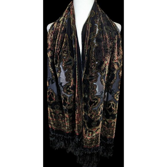 Vintage Gothic Floral Burnout Red And Gold Scarf With Glitter Accents - Picture 2 of 6